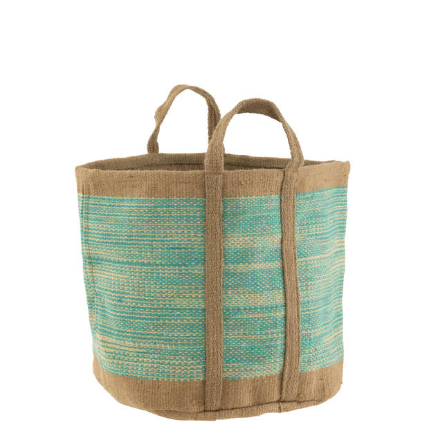 J-line - Mand Rond Met Handvaten Jute Naturel/azuur - 60x40x40cm