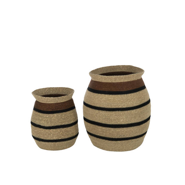 J-line - Set Van 2 Manden Rond Gestreept Marie Zeegras Bruin Zwart - 44x44x48cm