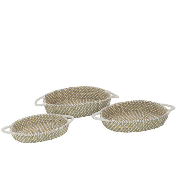 J-line - Set Van 3 Mand Ovaal Handvatten Stro Naturel/wit - 59x35x9.5cm