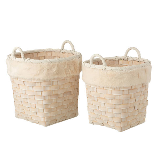 J-line - Set Van 2 Manden Rond Met Handvaten Imitatiebont Afneembaar Rotan Plat Naturel White Wash - 39.5x39.5x37.5cm