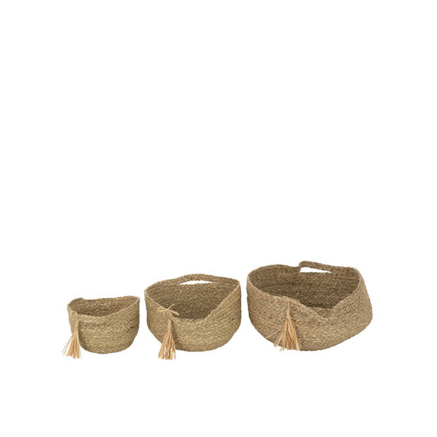 J-line - Set Van 3 Mand Rond Met Handvat+ Kwast Gras Naturel - 33x40x17cm