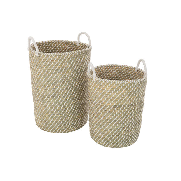 J-line - Set Van 2 Mand Rond Handvatten Stro Wit/naturel - 39x41x61cm