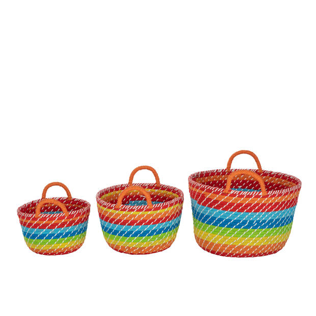 J-line - Set Van 3 Mand Regenboog Strepen+handvaten Zeegras Mix - 39x39x24cm