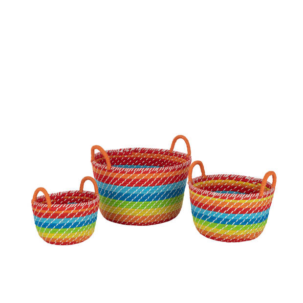 J-line - Set Van 3 Mand Regenboog Strepen+handvaten Zeegras Mix - 39x39x24cm