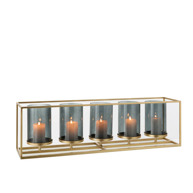 J-line - Windlicht 5 Delig Rechthoek Laag Metaal/glas Goud - 70x15x20cm