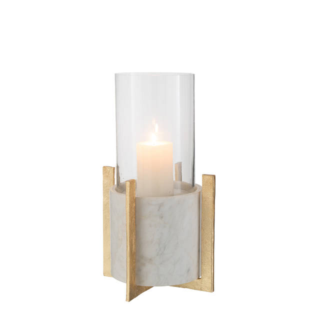 J-line - Windlicht Glas Voet Marmer/metaal Grijs/champagne Large - 23.5x23.5x38.5cm