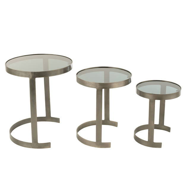 J-line - Set Van Drie Bijzettafels Rond Ijzer/glas Grijs - 45x45x54cm