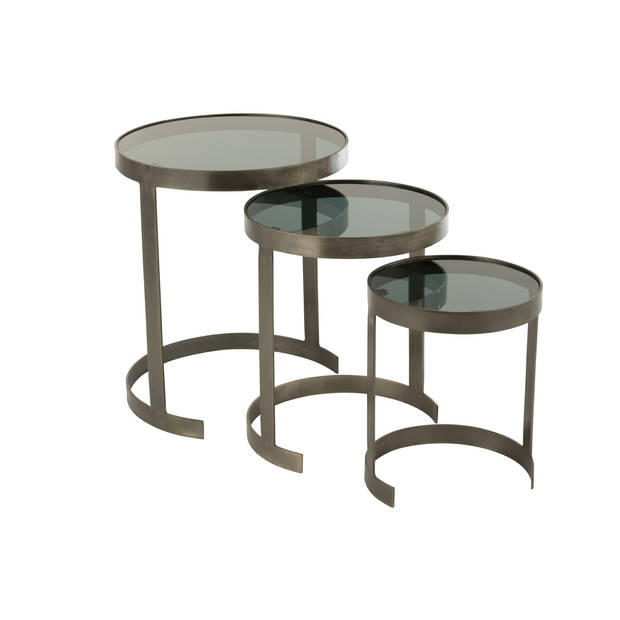 J-line - Set Van Drie Bijzettafels Rond Ijzer/glas Grijs - 45x45x54cm