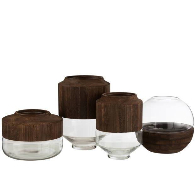 J-line - Vaas Rond Hoog Hout/glas Donkerbruin Large - 23x23x31cm