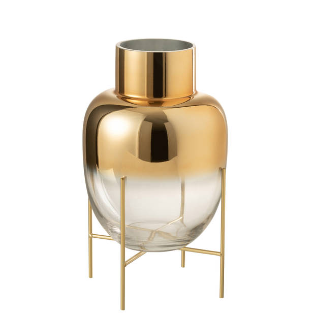 J-line - Vaas Cylinder Op Voet Glas Transparant/goud Large - 21x21x38cm