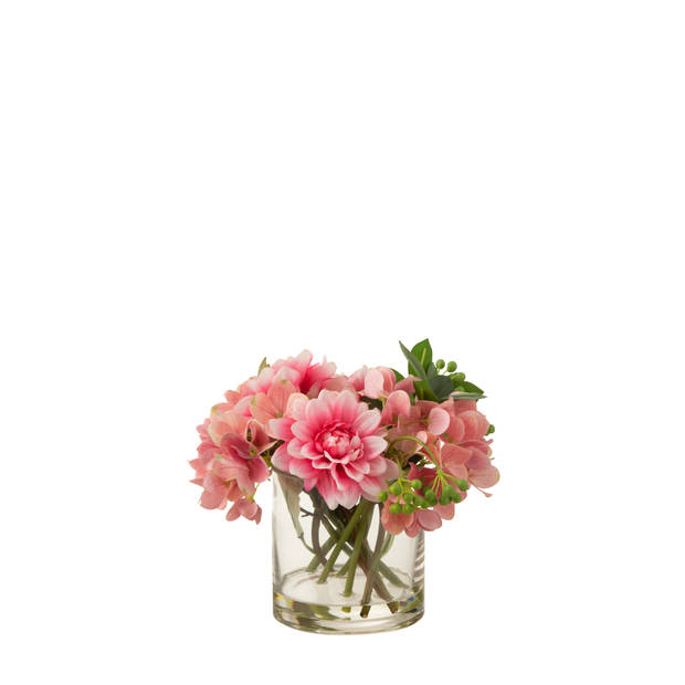 J-line - Dahlia Hydrangea In Vaas Plastiek/glas Roze - 20x20x25cm