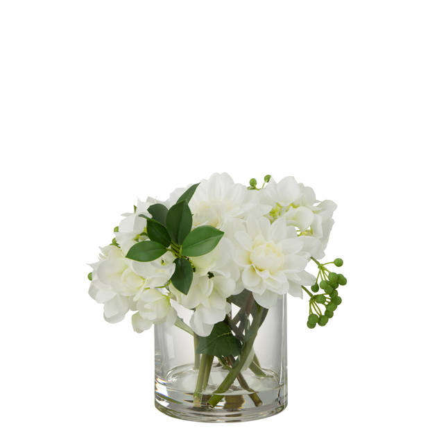 J-line - Dahlia Hydrangea In Vaas Plastiek Glas Wit - 28x23x23.5cm