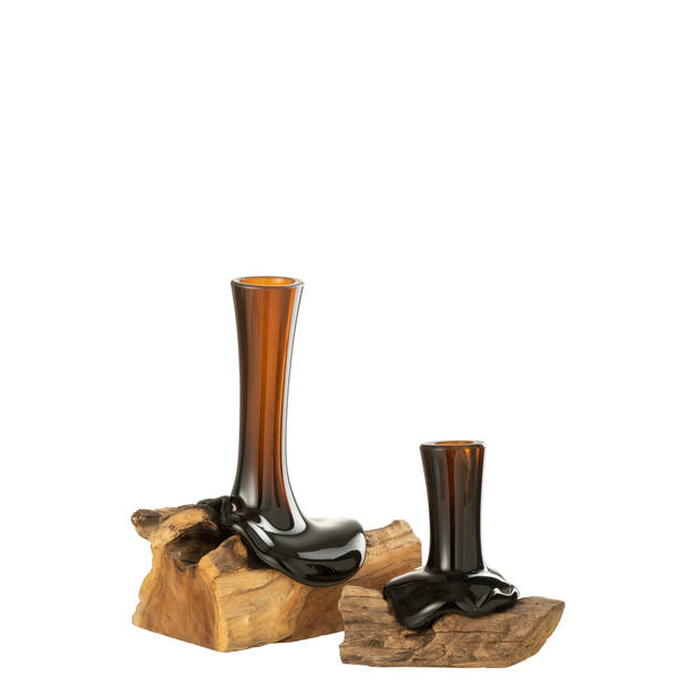 J-line - Vaas Op Voet Hoog Gamal Hout/gerecycleerd Glas Natuur/bruin Large - 25x20x29cm