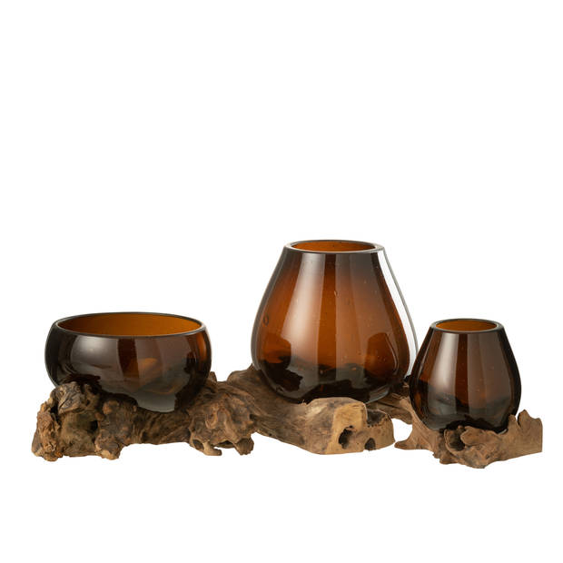 J-line - Vaas Op Voet Gamal Hout/gerecycleerd Glas Natuur/bruin Large - 23x19x19cm