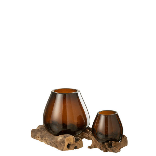 J-line - Vaas Op Voet Gamal Hout/gerecycleerd Glas Natuur/bruin Large - 23x19x19cm