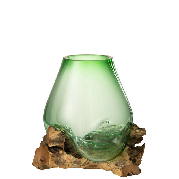 J-line - Vaas Op Voet Gamal Hout/gerecycleerd Glas Natuur/groen Large - 29x27x33cm