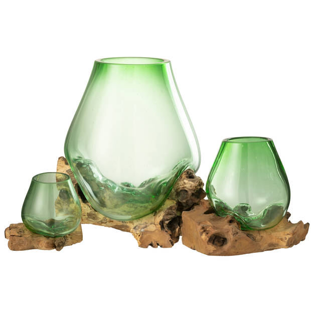 J-line - Vaas Op Voet Gamal Hout/gerecycleerd Glas Natuur/groen Large - 29x27x33cm