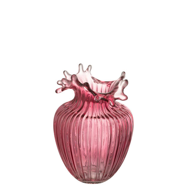 J-line - Vaas Bloem Lijnen Glas Donker Roze Small - 14.5x14.5x21cm