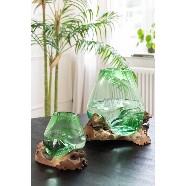 J-line - Vaas Op Voet Gamal Hout/gerecycleerd Glas Natuur/groen Medium - 23x19x19cm