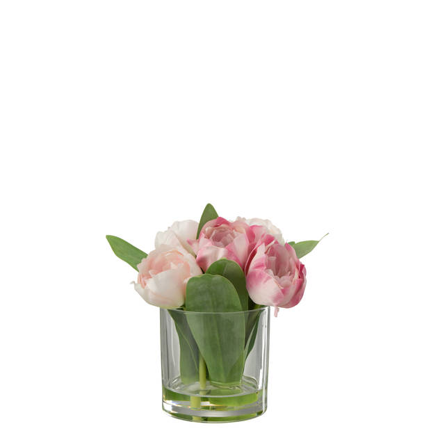 J-line - Tulpen In Vaas Rond Plastiek Glas Roze Small - 17x17x19.5cm