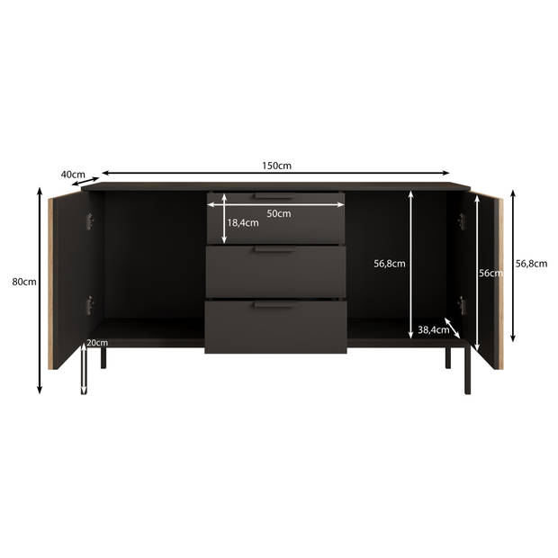 Meubella Dressoir Marbella - Zwart - 150 cm