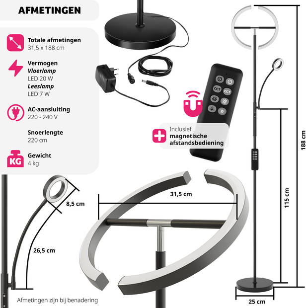 tectake® LED-Vloerlamp - Dimbare Vloerlamp - Vloerlamp met Leeslicht en Afstandsbediening