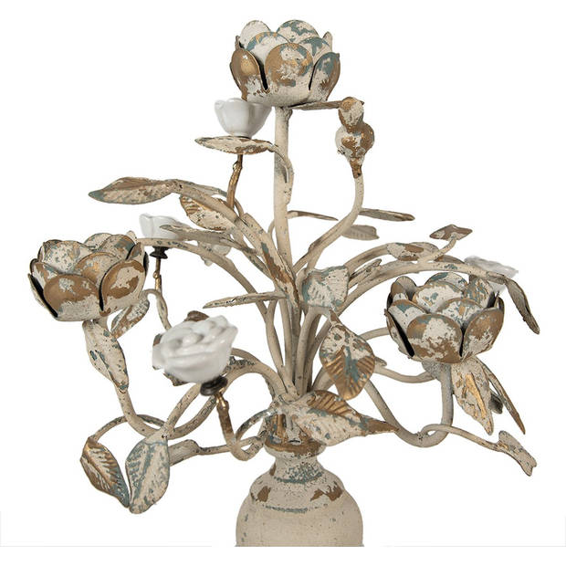 HAES DECO - Kandelaar 48 cm Beige Ijzer Bloemen Kaarsenstandaard