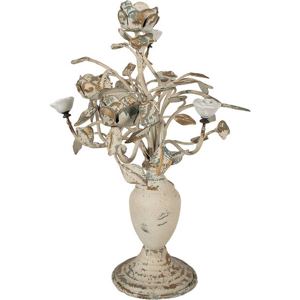 HAES DECO - Kandelaar 48 cm Beige Ijzer Bloemen Kaarsenstandaard