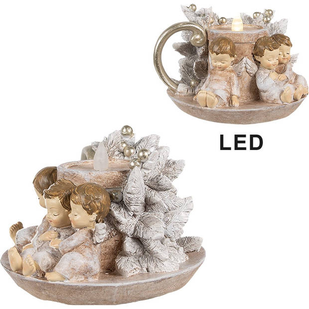 HAES DECO - Kerstdecoratie met LED-verlichting Kandelaar 14x13x10 cm Bruin Kunstleer Metaal Engelen