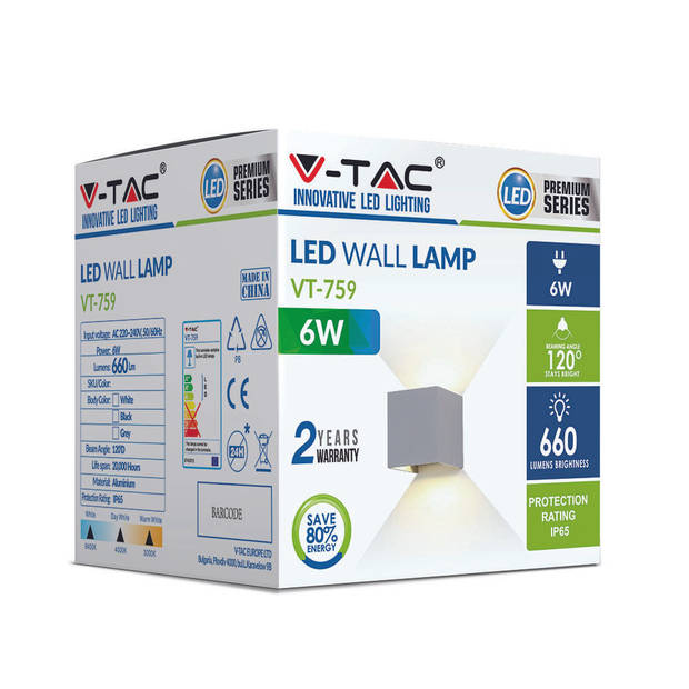 V-TAC VT-759-G Grijze LED wandlamp - Vierkant - Bridgelux - IP65 - 6W - 660 Lumen - 4000K