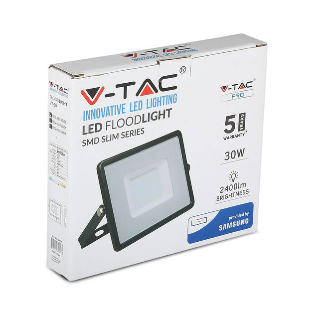 V-TAC VT-30-B Zwarte LED Schijnwerpers - Samsung - IP65 - 30W - 2400 Lumen - 3000K - 5 Jaar