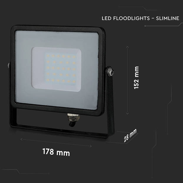 V-TAC VT-30-B Zwarte LED Schijnwerpers - Samsung - IP65 - 30W - 2400 Lumen - 3000K - 5 Jaar