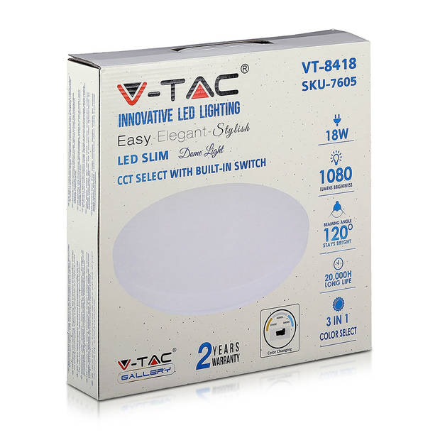 V-TAC VT-8418 3IN1 LED Ronde plafonniere - Kleurwisselende Schakelaar - IP20 - Wit - 18W - 1530 Lumen