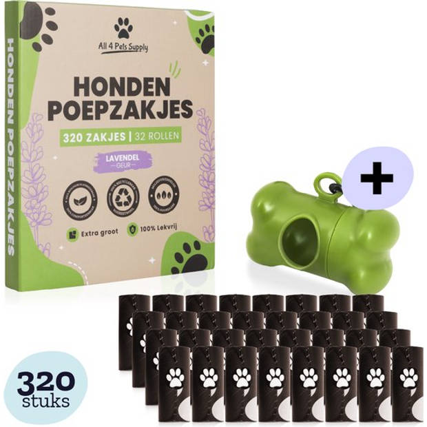 All 4 Pets Supply Hondenpoepzakjes inclusief houder - 320 stuks - Lavendel geur - 100% Biologisch Afbreekbaar