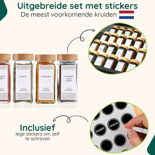 24x Glazen Kruidenpotjes Vierkant met Deksel - Bamboe - Kruiden stickers - Pepermolen - Kruidenstrooier