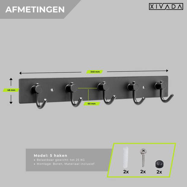 Kapstok Hangend - 5 Haken - Muurkapstok - Sleutelrekje - Wandkapstok Zwart