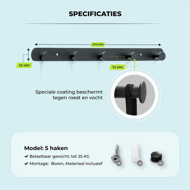 Kapstok Wandkapstok - Zwart - 5 haken - Kapstok Hangend - Industrieel - Jashaak