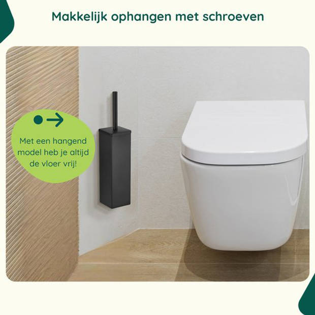 Toiletborstel met houder Hangend - Vierkant - Wc Borstel Zwart - Rvs