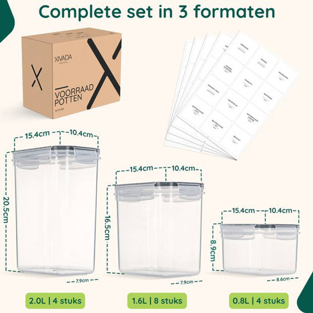 Voorraadbussen - 16 stuks - Voorraadpotten met labels - Vershoudbakjes