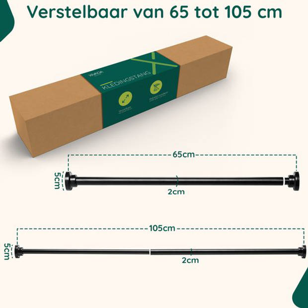 Kledingroede zonder boren - Verstelbaar 65 - 105 CM - Garderobestang Kast - Zwart