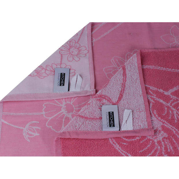 DoubleDry Luxe Keukendoek - 6 stuks - 50x50 - bloem - roze