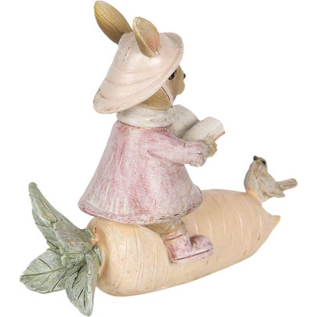 HAES DECO - Beeld Konijn 13x5x11 cm Beige Roze Kunststof Woonaccessoires Pasen Paashaas