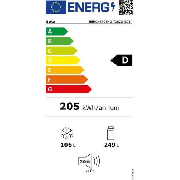 Gecombineerde diepvrieskoelkast - BEKO - B5RCNE405HG - Geventileerd koud - Klasse D - 355 L - 203,5 x 59,5 x 66,3 cm - G