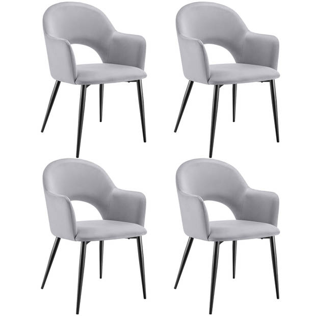 tectake® - Fauteuil Sachel - Eetkamerstoel - Set van 4 - Fluweellook - Gestoffeerd - Lichtgrijs