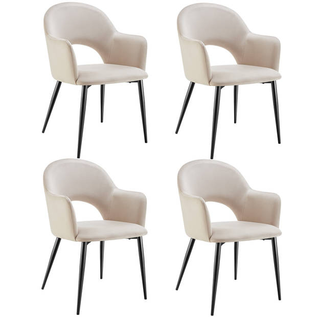 tectake® - Fauteuil Sachel - Eetkamerstoel - Set van 4 - Fluweellook - Gestoffeerd - Creme