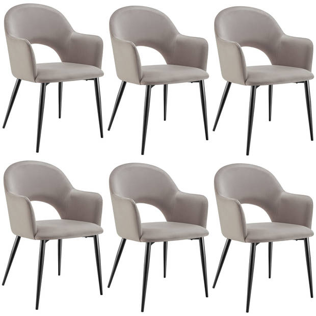 tectake® - Fauteuil Sachel - Eetkamerstoel - Set van 6 - Fluweellook - Gestoffeerd - Taupe