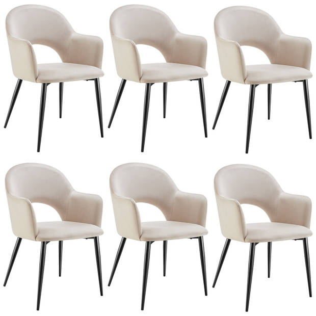 tectake® - Fauteuil Sachel - Eetkamerstoel - Set van 6 - Fluweellook - Gestoffeerd - Creme