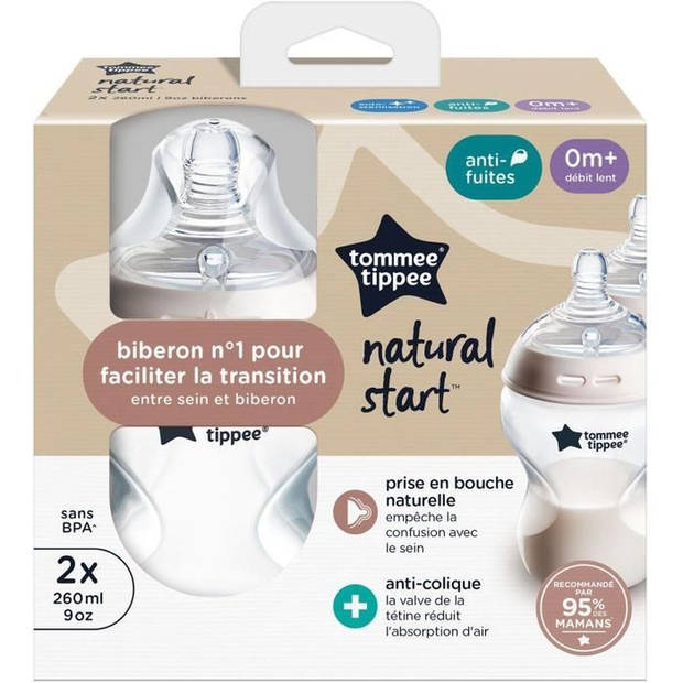 Babyflessen - TOMMEE TIPPEE - NATURAL START - 260 ml - Antikoliek - Speen die de vorm van de borst imiteert - Verpakking