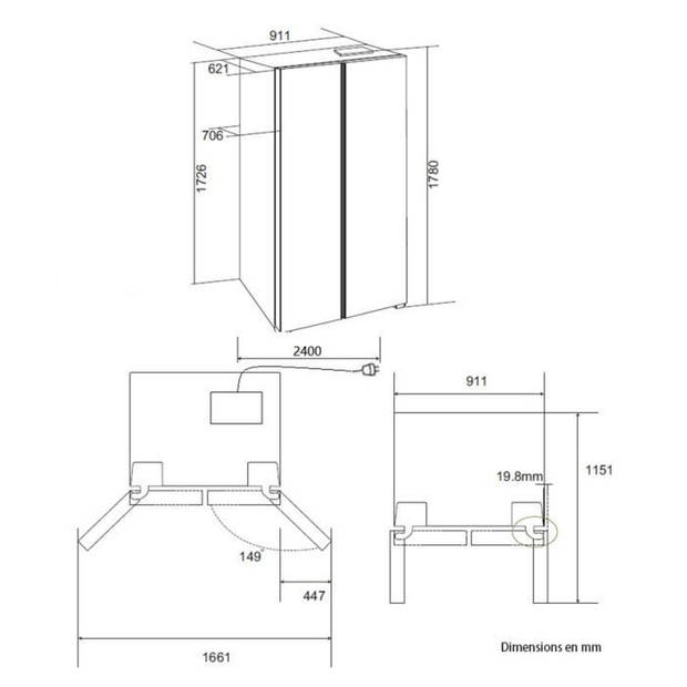 Amerikaanse koelkast 556L - Total No Frost - water- en ijsdispenser - Klasse E - invertermotor - zwart