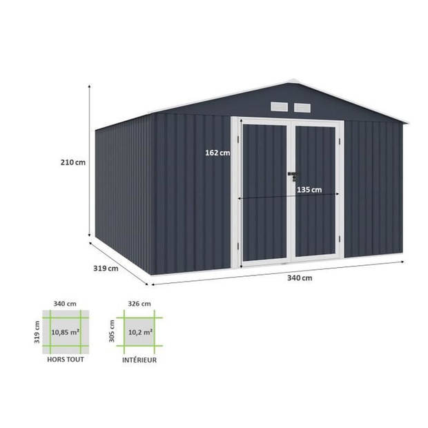 Metalen tuinschuur 10,85 m2 - ankerkit inbegrepen - antracietgrijs